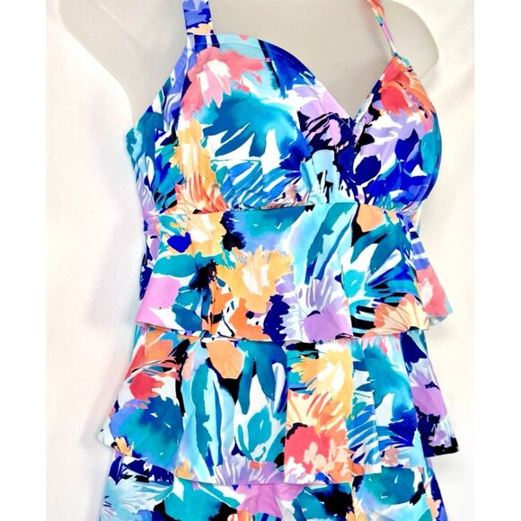 Swim Solutions Triple Tier Colorful Floral Printed Tankini Swim Top, US 8 NWT - Picture 3 of 9